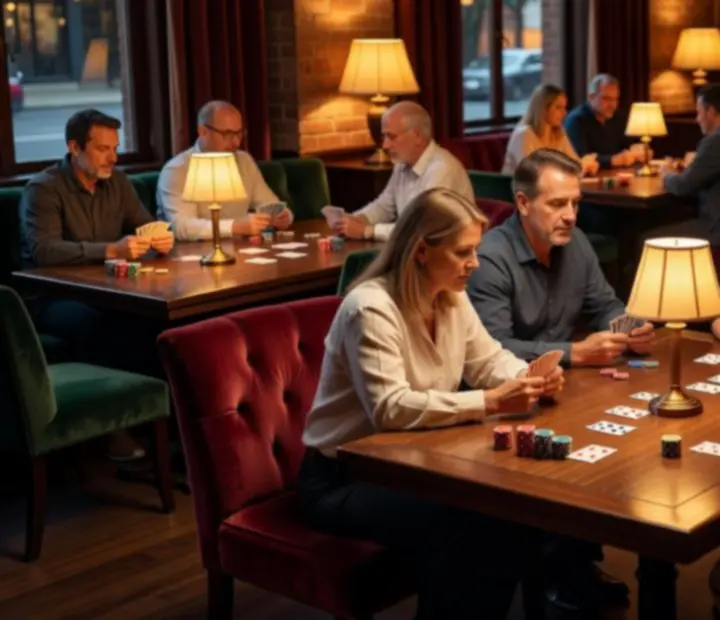 Guests seated in a warm card lounge with timber tables and soft lamplight