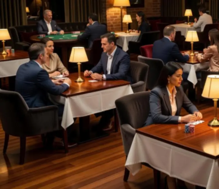 Lamplit card lounge with linen-covered tables and real poker tables