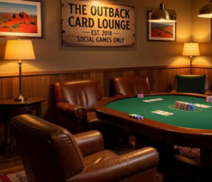 Card lounge poker table set with cards and chips under warm lamp light