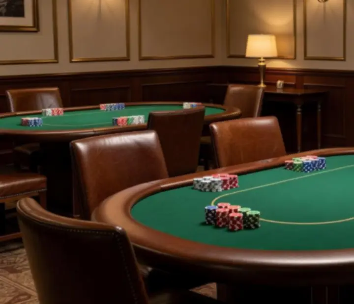 Card room adjoining The Lamplit Parlour restaurant with real poker tables, cards and poker chips