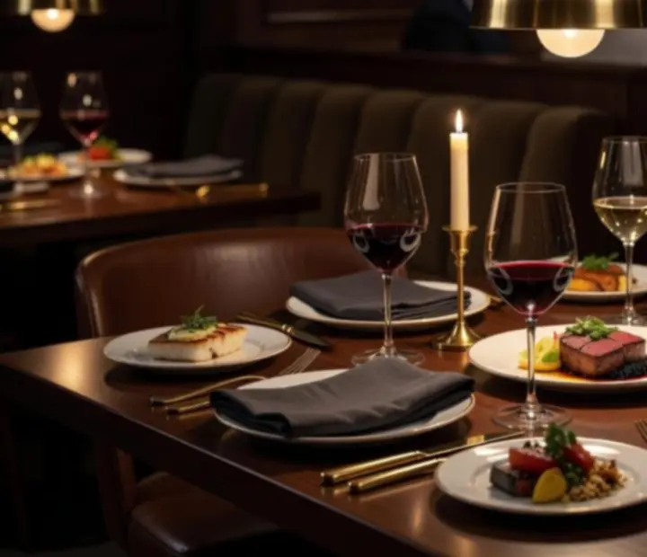Evening dining table set with linen, glassware and warm lamp light