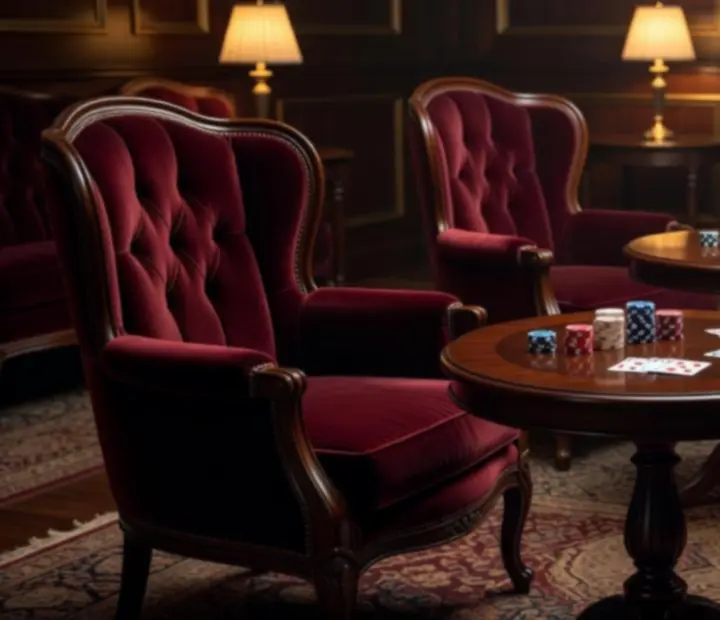 Softly lit card lounge with poker tables, playing cards and lounge seating at The Lamplit Parlour.