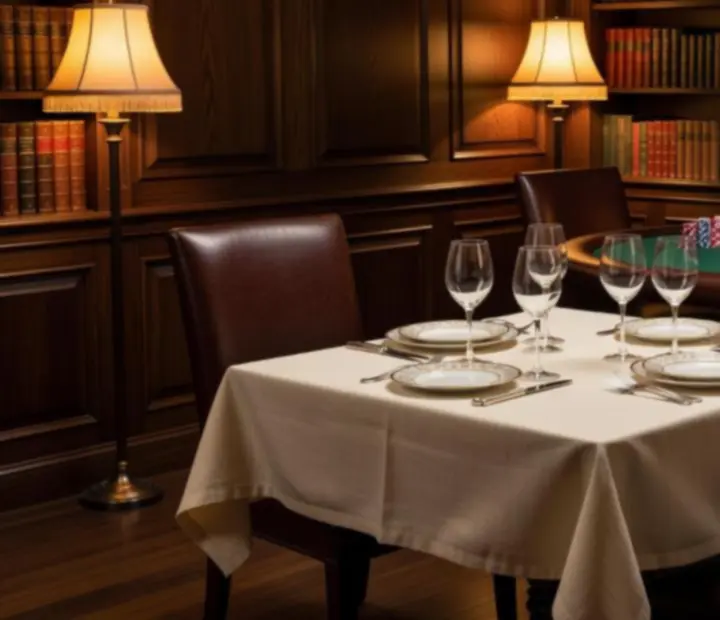 Private card lounge reservation set for an intimate group evening with lamplit poker tables.