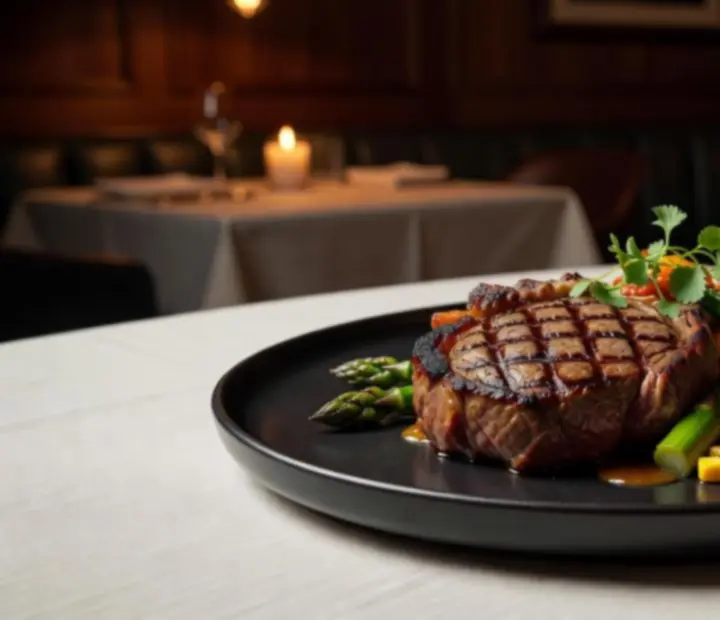 Charcoal-grilled dish resting on a warm plate in The Lamplit Parlour
