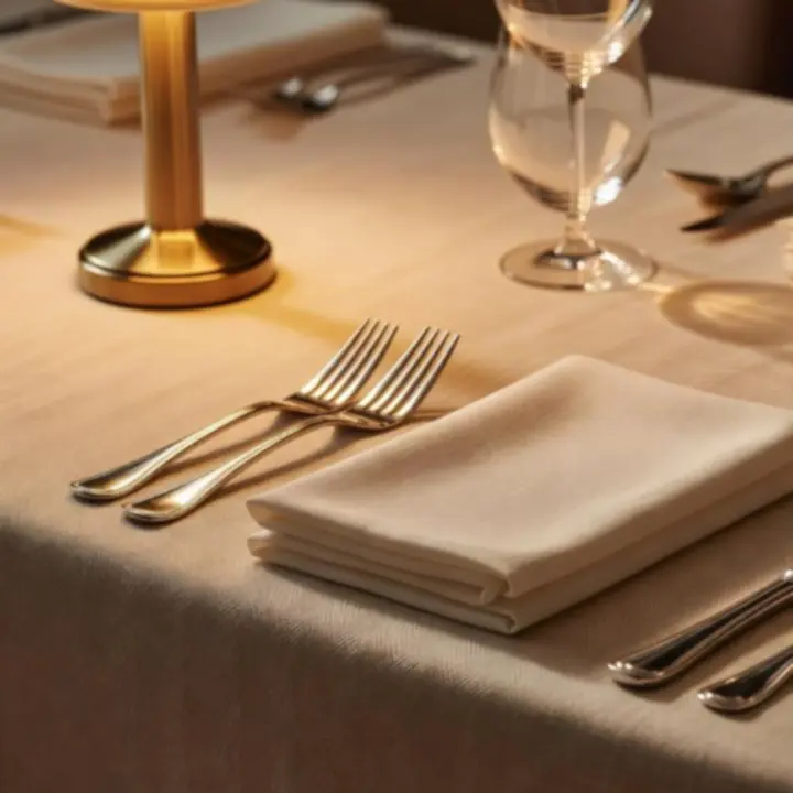 Lamplit tablescape with linen, glassware and warm brass tones at The Lamplit Parlour