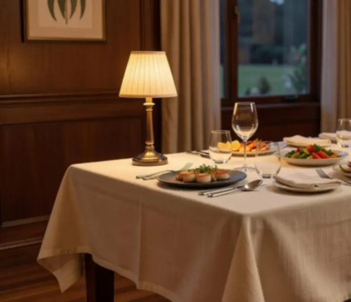 Lamplit dining table at The Lamplit Parlour with linen, glassware and a warm evening atmosphere