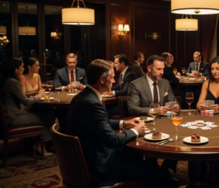 Lamplit evening card room with poker tables and soft lighting