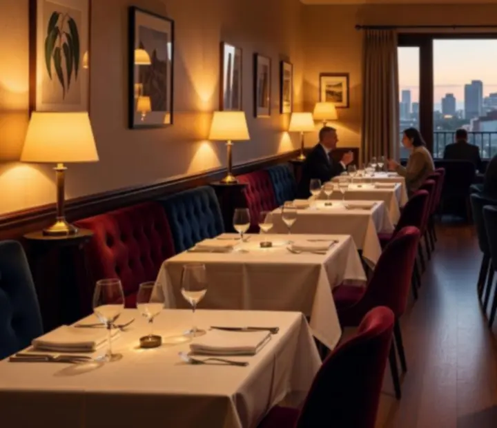 Warm lamplit dining tables leading towards a card lounge with real poker tables