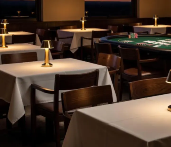 Warm Australian dining room with linen tables, lamps and a nearby poker table with cards and chips