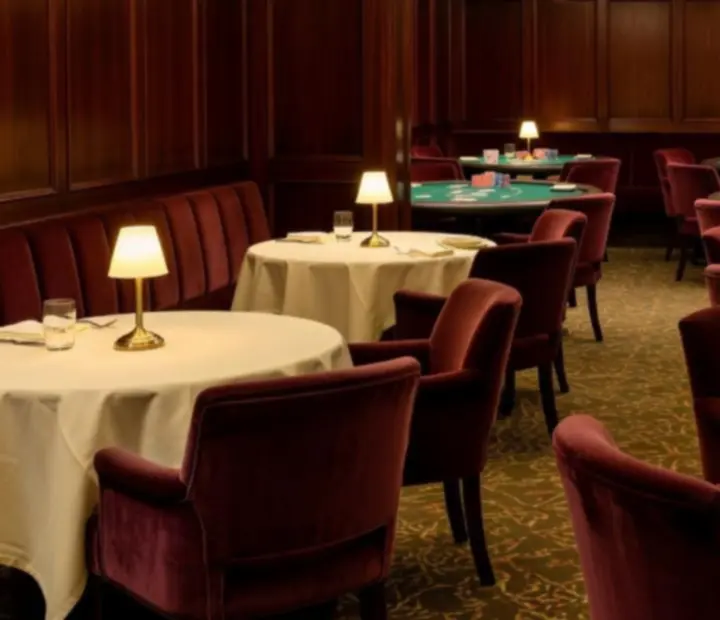 Warm lamplit Australian dining room with linen tables and a visible card lounge area