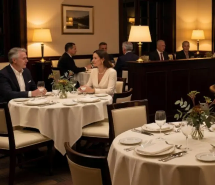 Warm Australian evening card lounge with lamplit dining tables, a visible poker table, playing cards and poker chips
