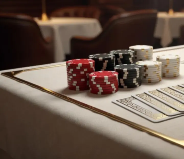 Stacks of poker chips and playing cards on a felt card table