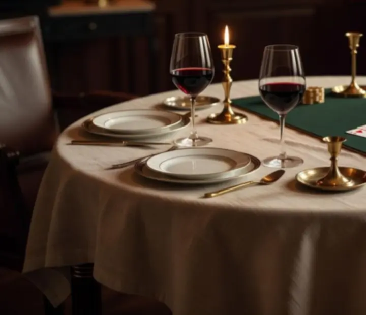 Dining table set with lamplight, plates and nearby card tables