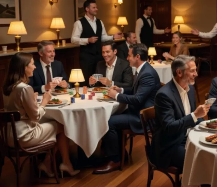 Lamplit restaurant and poker lounge with dining tables and card tables