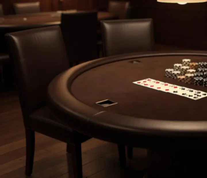 Close-up of a physical poker table with cards, poker chips and warm lamplight in an Australian card room