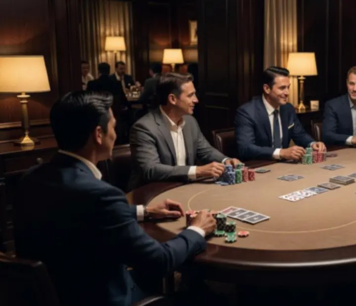 An intimate private card room with real poker tables and soft lamplight