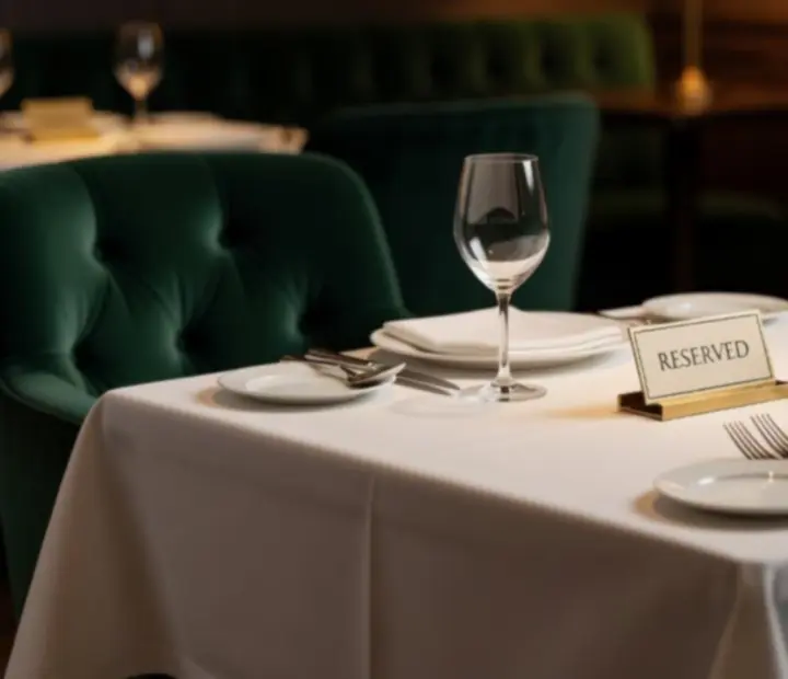 Linen table setting prepared for an evening reservation at The Lamplit Parlour