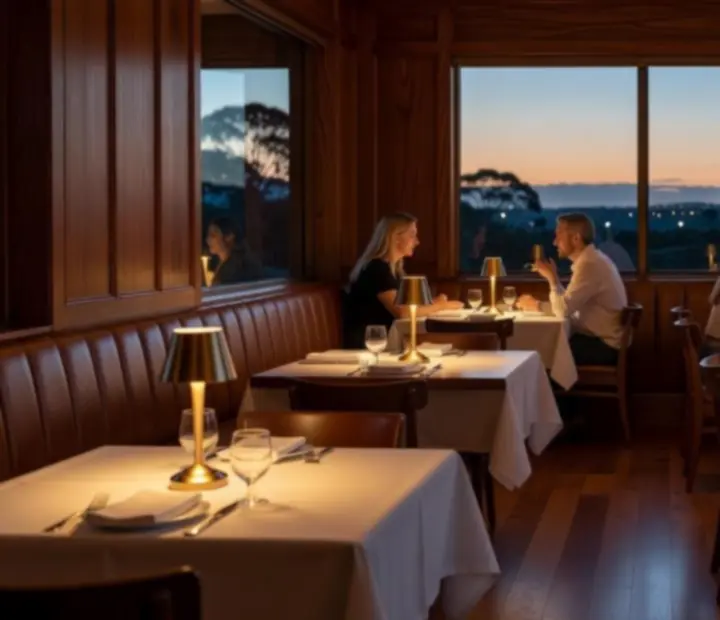 Warm lamplit Australian restaurant interior with linen-covered tables at The Lamplit Parlour