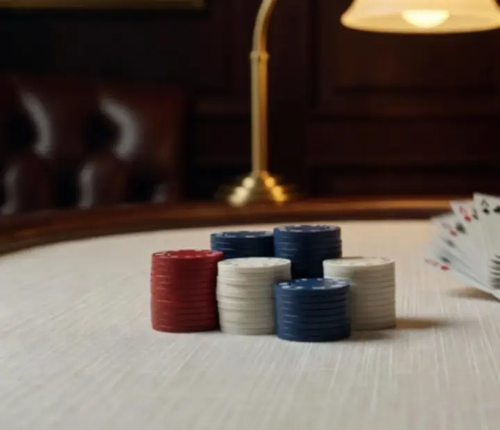 Hands shuffling playing cards and stacking poker chips on a card table