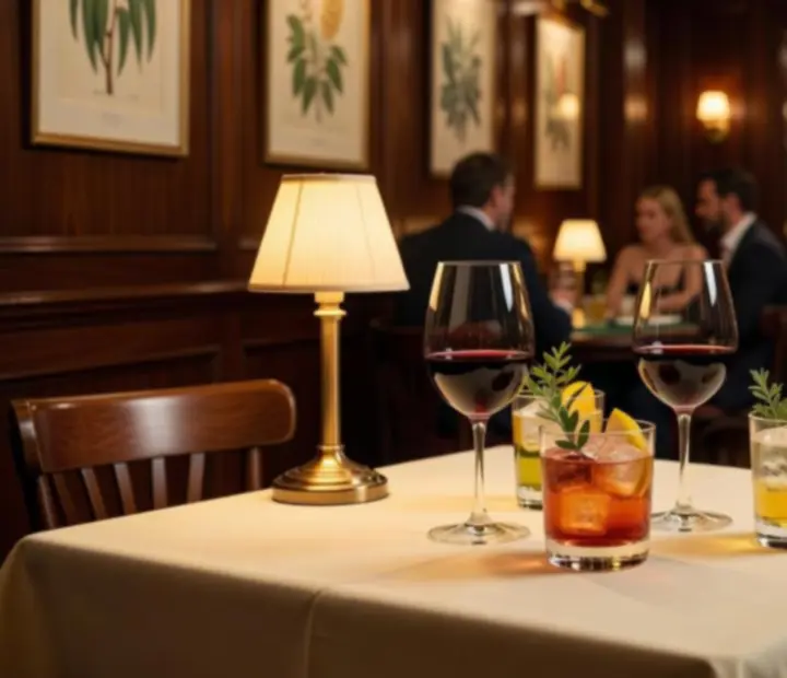 Glasses of wine and cocktails on a linen-covered table in The Lamplit Parlour